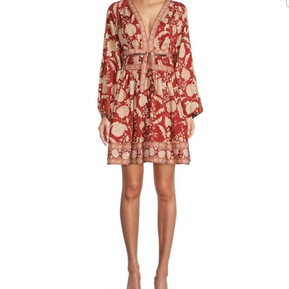 Antonio Melani Normajean Floral Print Deep V-Neck Long Puff Sleeve Tie Waist Dre